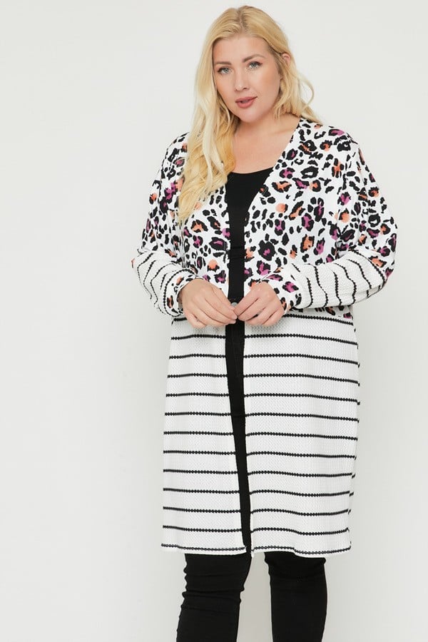 Women's Open Front Cardigan Long Sleeves Silhouette Rayon Print-striped Top
