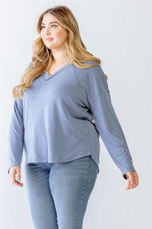Women V-neck Top Leopard Print Long Sleeve Dropped Shoulder T Shirt (1X,2X,3X)