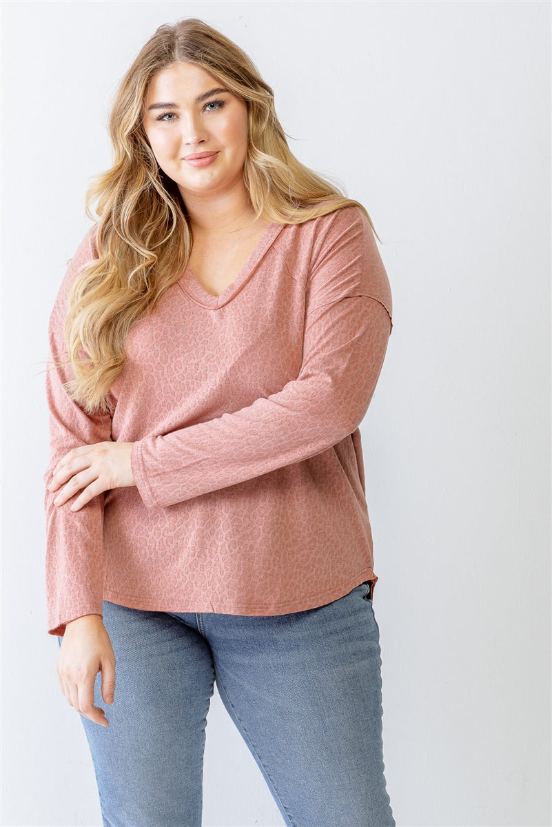 Women V-neck Top Leopard Print Long Sleeve Dropped Shoulder T Shirt (1X,2X,3X)