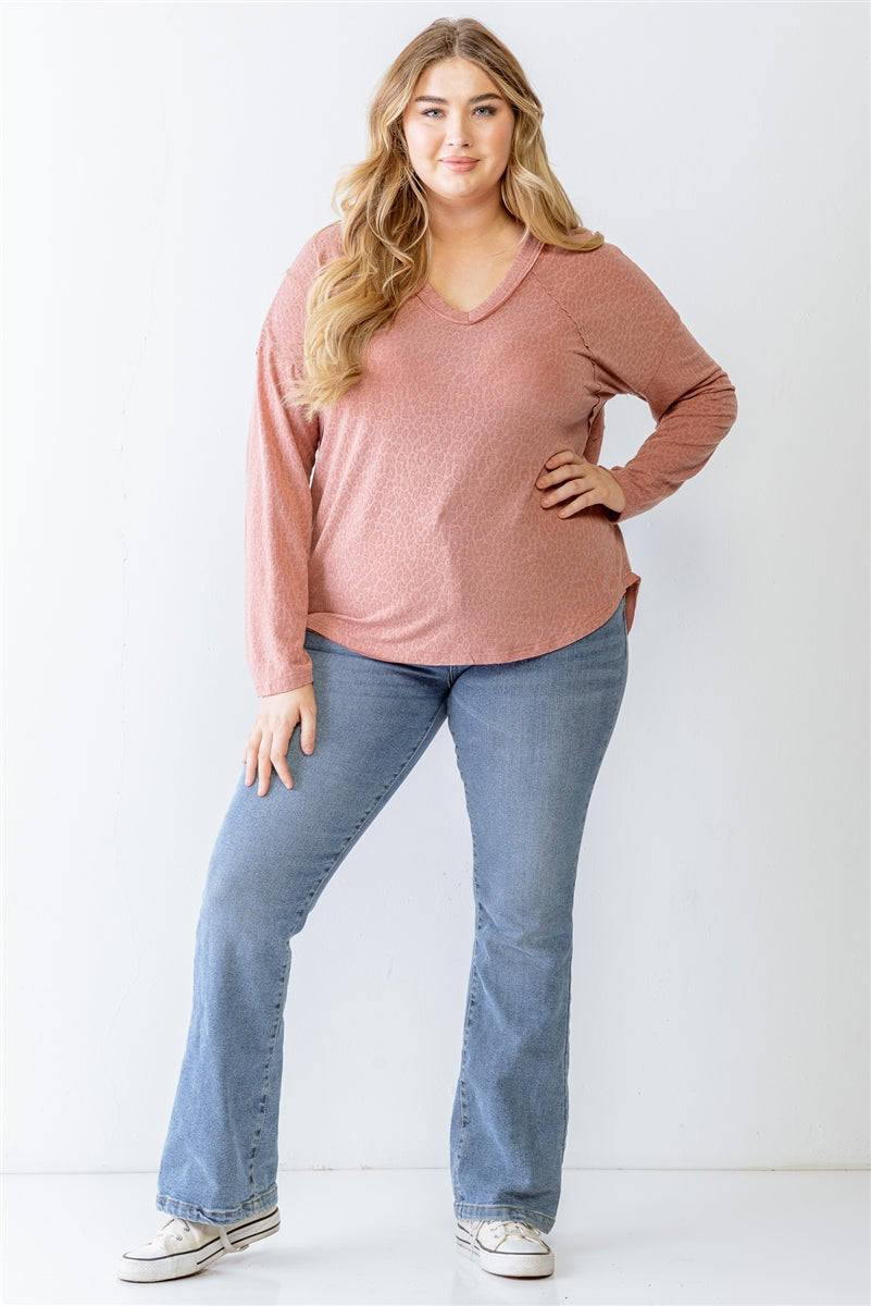 Women V-neck Top Leopard Print Long Sleeve Dropped Shoulder T Shirt (1X,2X,3X)