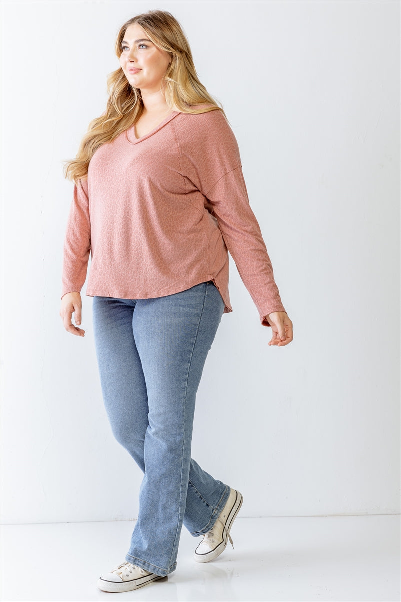 Women V-neck Top Leopard Print Long Sleeve Dropped Shoulder T Shirt (1X,2X,3X)