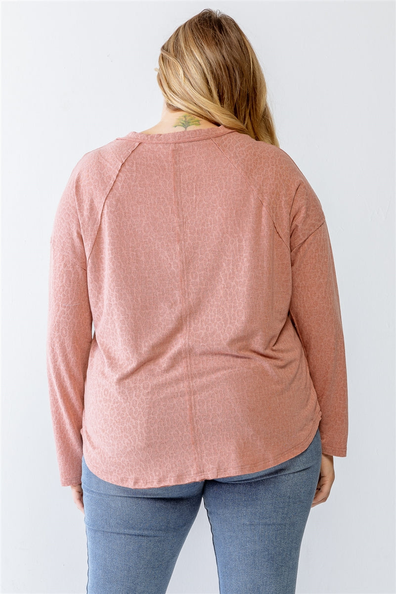 Women V-neck Top Leopard Print Long Sleeve Dropped Shoulder T Shirt (1X,2X,3X)