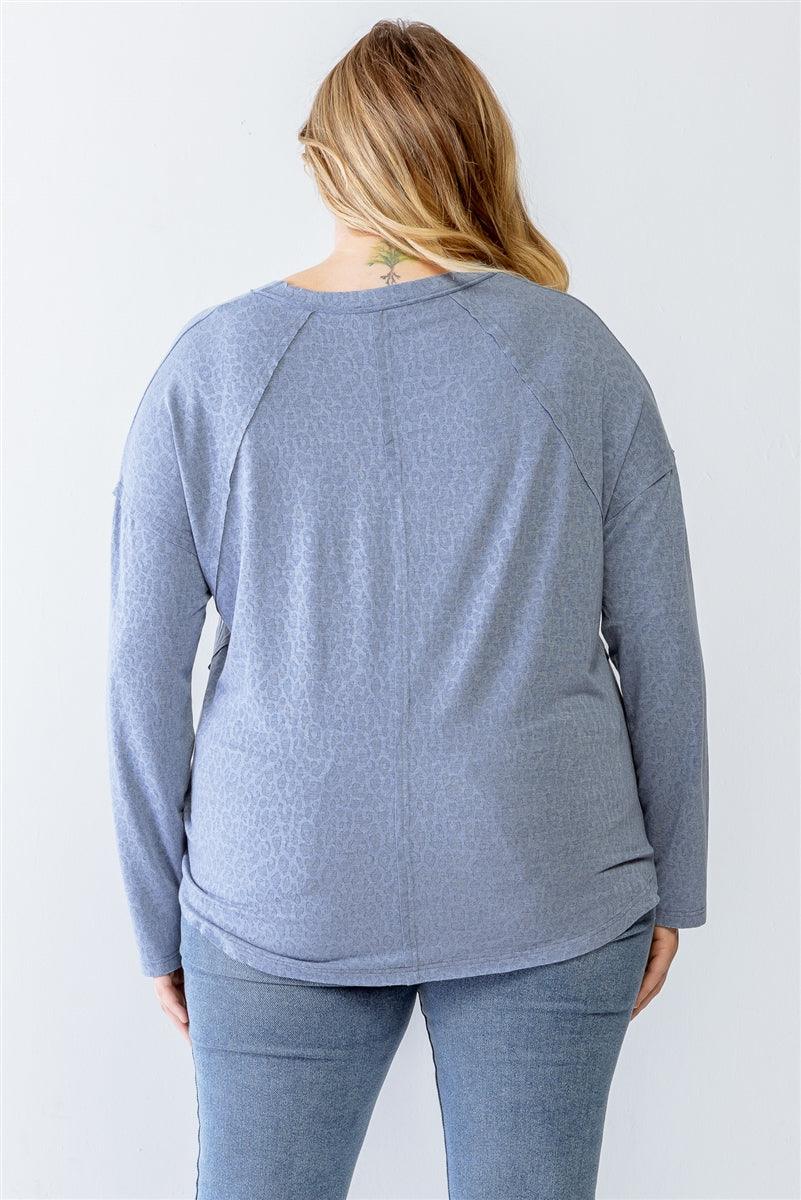 Women V-neck Top Leopard Print Long Sleeve Dropped Shoulder T Shirt (1X,2X,3X)