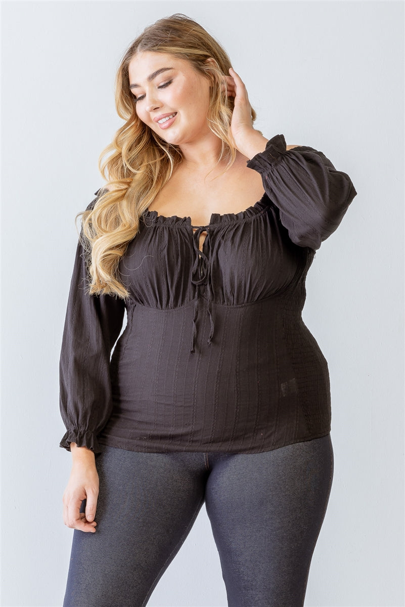 Women Self-tie Neck Cotton Top Embroidery Smocked Back Soft T Shirt (1X,2X,3X)