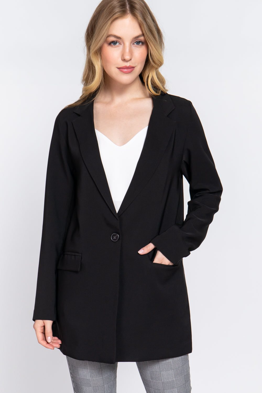 Womens Black Long Sleeve Notched Single Breasted Jacket Tunic Blazer