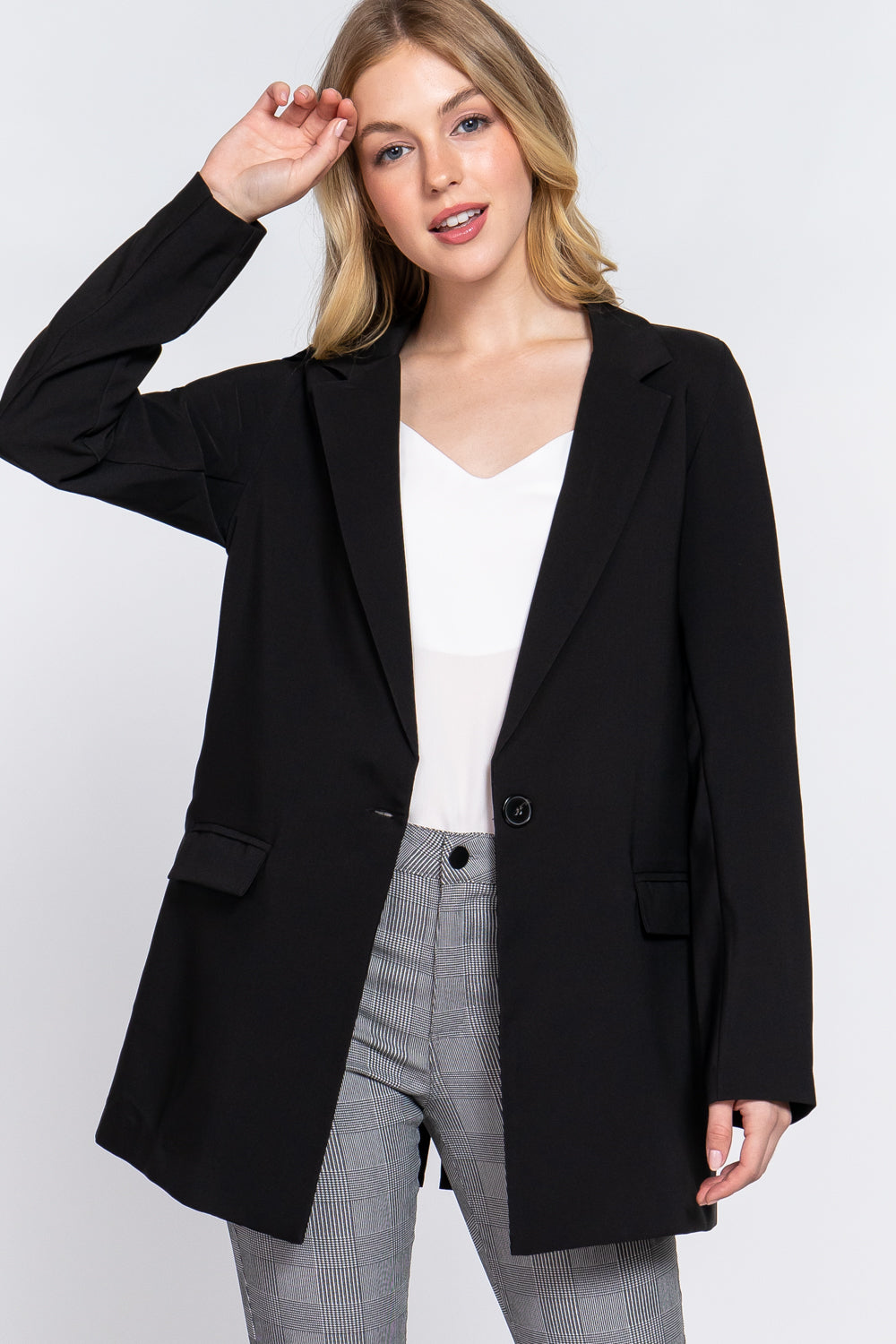 Womens Black Long Sleeve Notched Single Breasted Jacket Tunic Blazer
