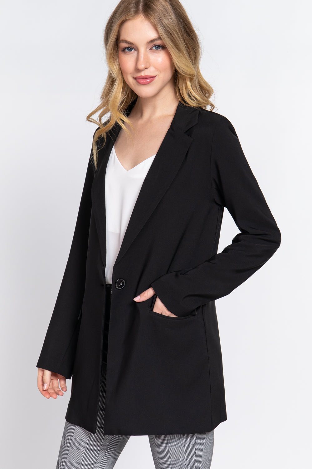Womens Black Long Sleeve Notched Single Breasted Jacket Tunic Blazer