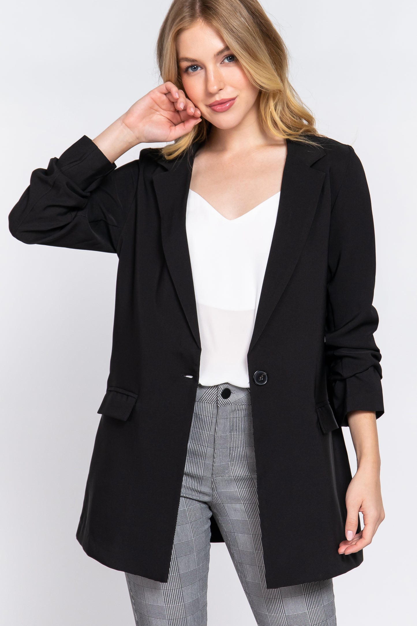 Womens Black Long Sleeve Notched Single Breasted Jacket Tunic Blazer