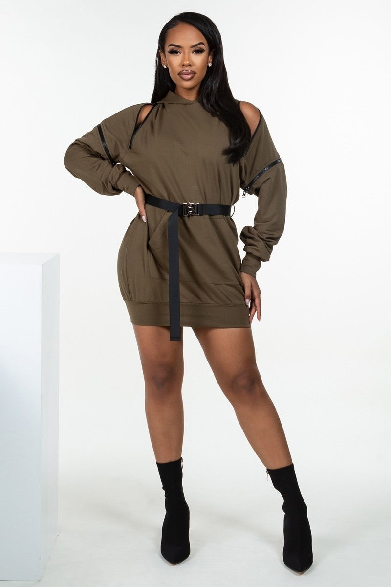 Women's Zippered Long Sleeve Hoodie Hooded Mini Dress Belt Sweatshirt - Olive