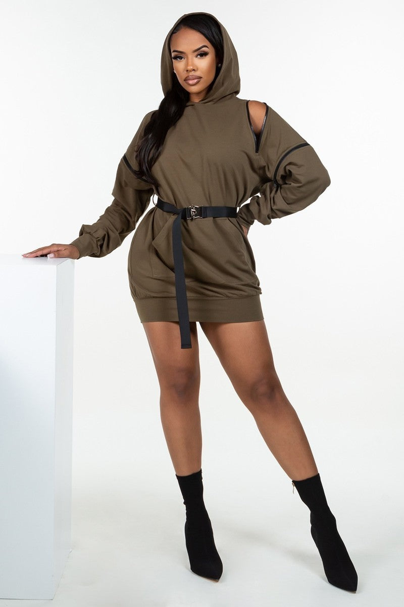 Women's Zippered Long Sleeve Hoodie Hooded Mini Dress Belt Sweatshirt - Olive