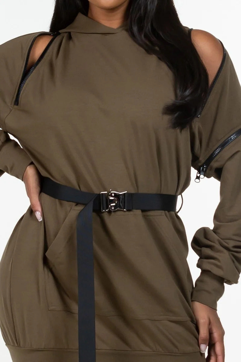 Women's Zippered Long Sleeve Hoodie Hooded Mini Dress Belt Sweatshirt - Olive