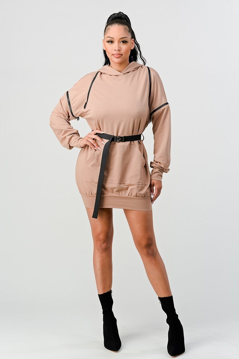 Women's Zippered Long Sleeve Hoodie Hooded Mini Dress Belt Sweatshirt - Nude