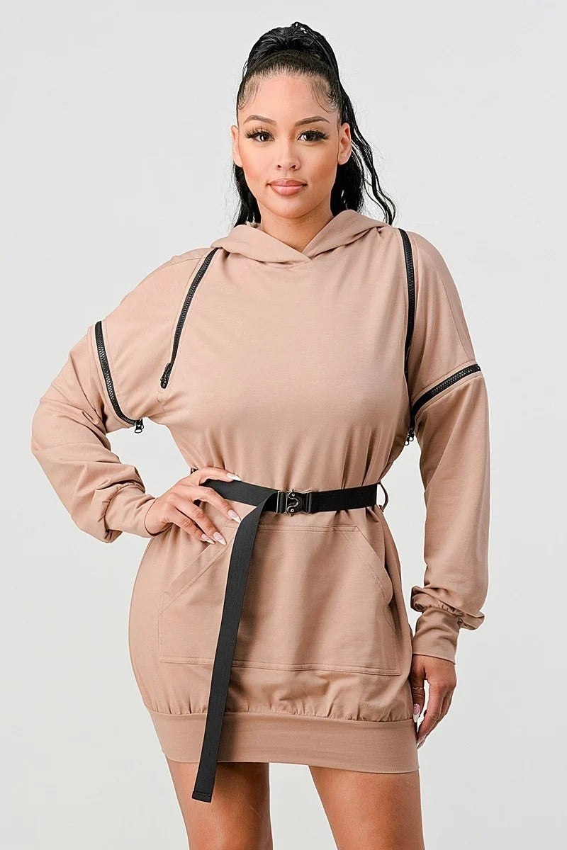 Women's Zippered Long Sleeve Hoodie Hooded Mini Dress Belt Sweatshirt - Nude