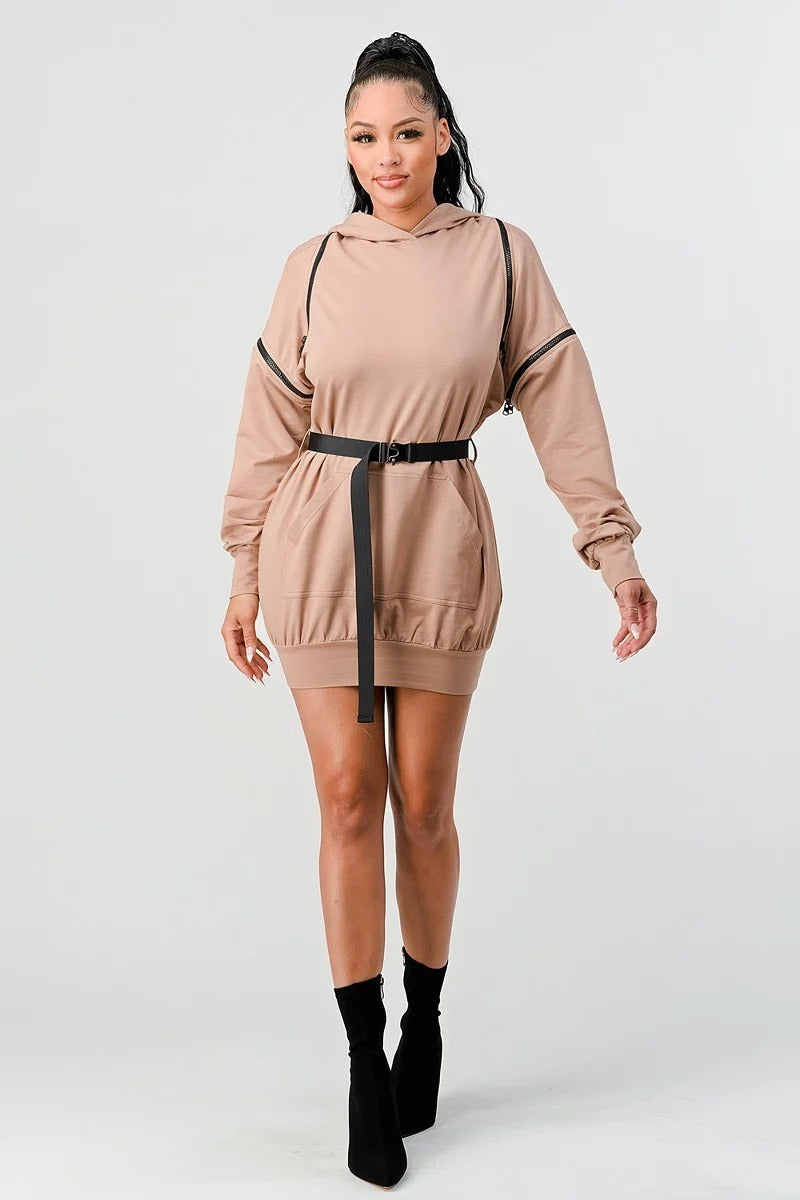 Women's Zippered Long Sleeve Hoodie Hooded Mini Dress Belt Sweatshirt - Nude