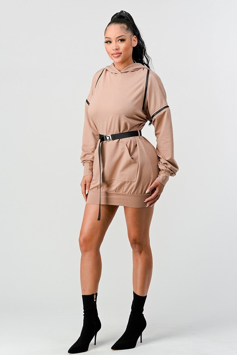 Women's Zippered Long Sleeve Hoodie Hooded Mini Dress Belt Sweatshirt - Nude