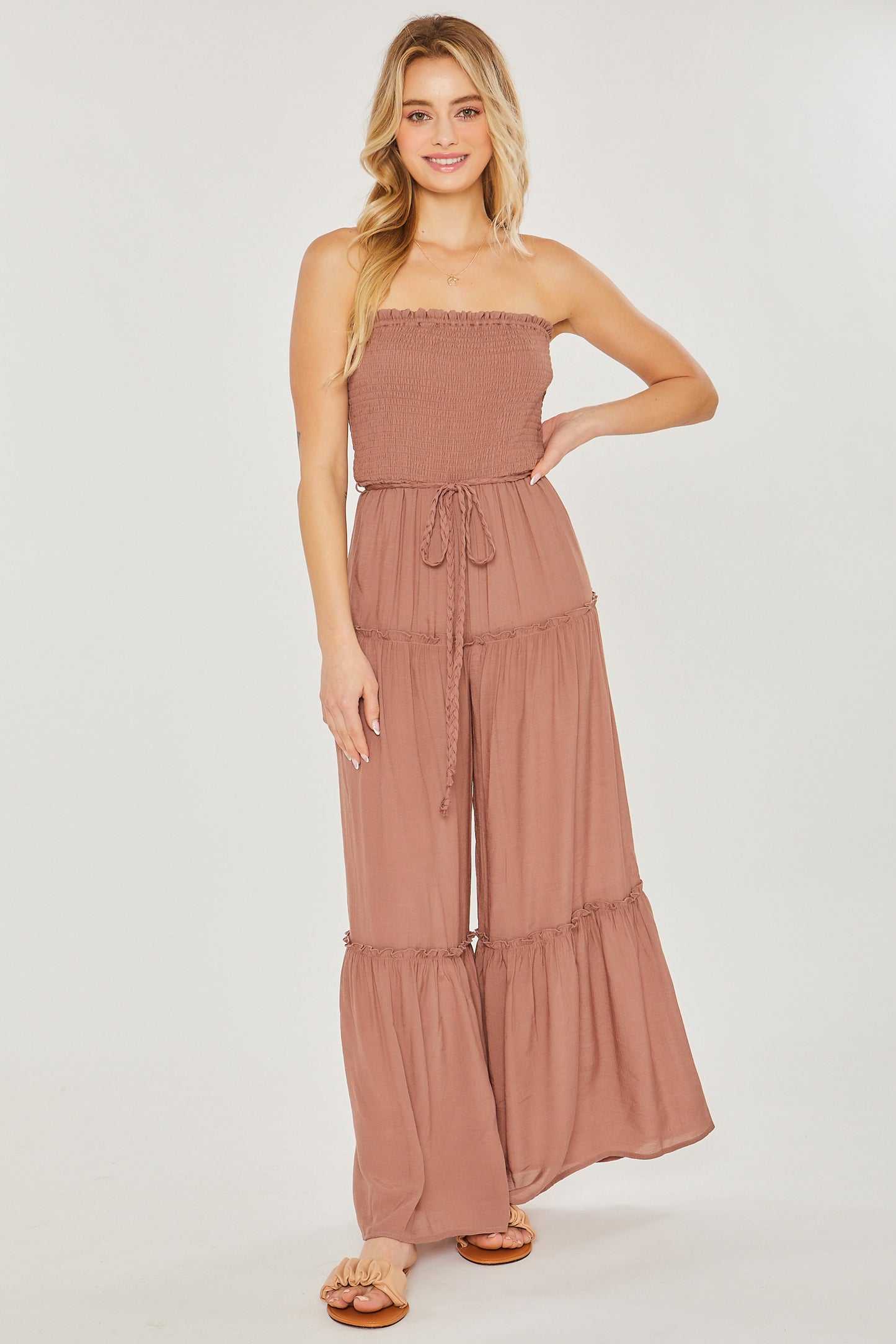 Women's Strapless Woven Solid Sleeveless Top Smocked Ruffle Jumpsuit - Clay
