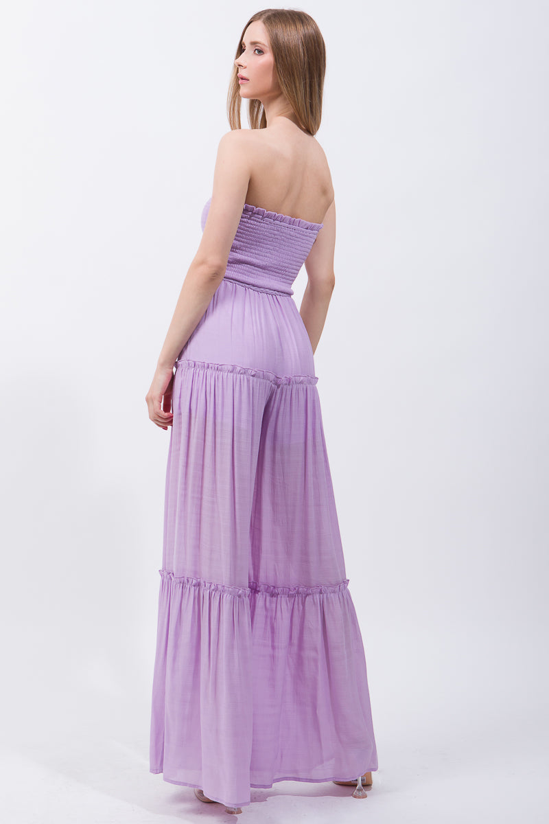 Women's Strapless Woven Solid Sleeveless Top Smocked Ruffle Jumpsuit - Lilac