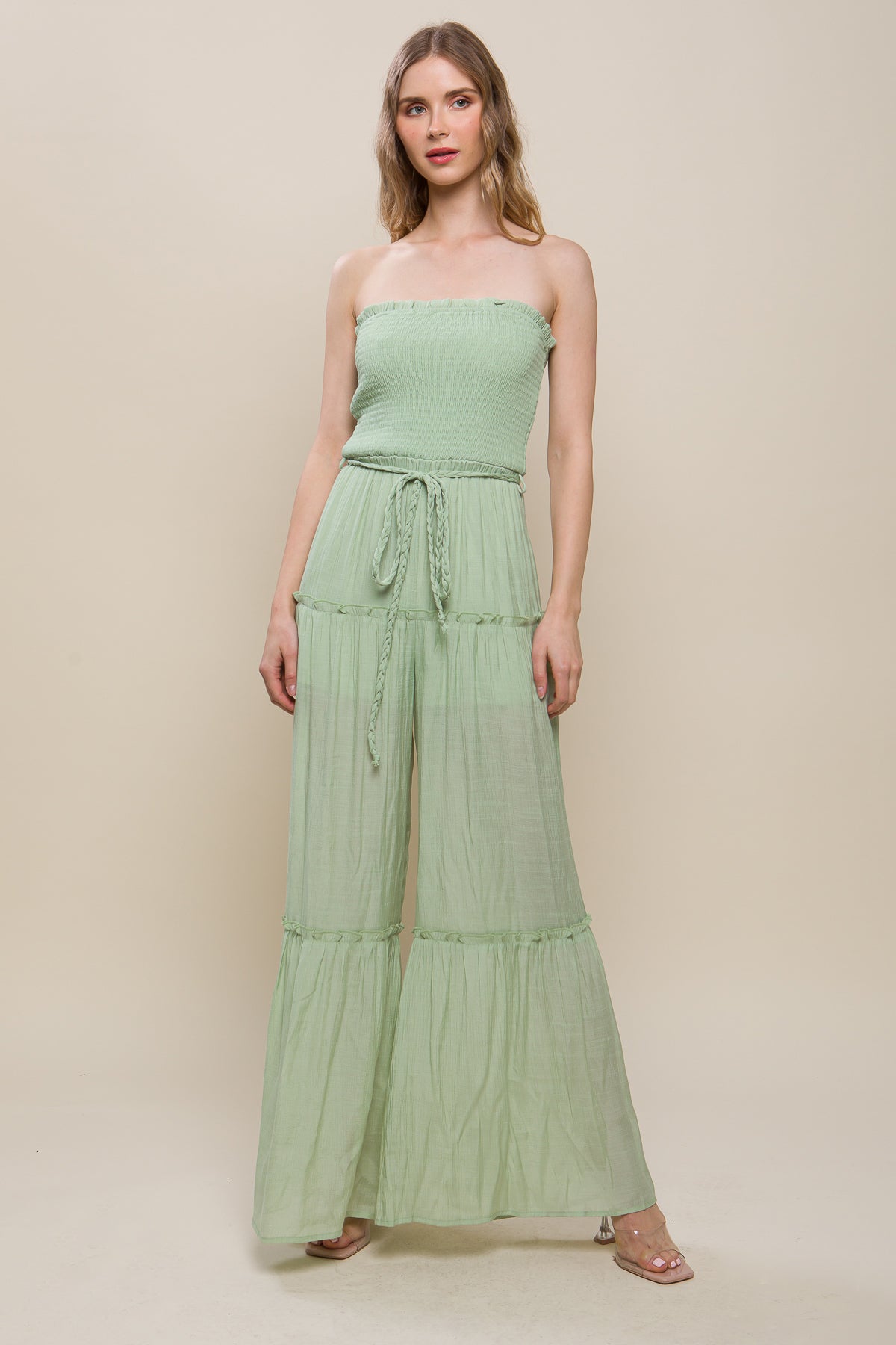 Women's Strapless Woven Solid Sleeveless Top Smocked Ruffle Jumpsuit - Celery