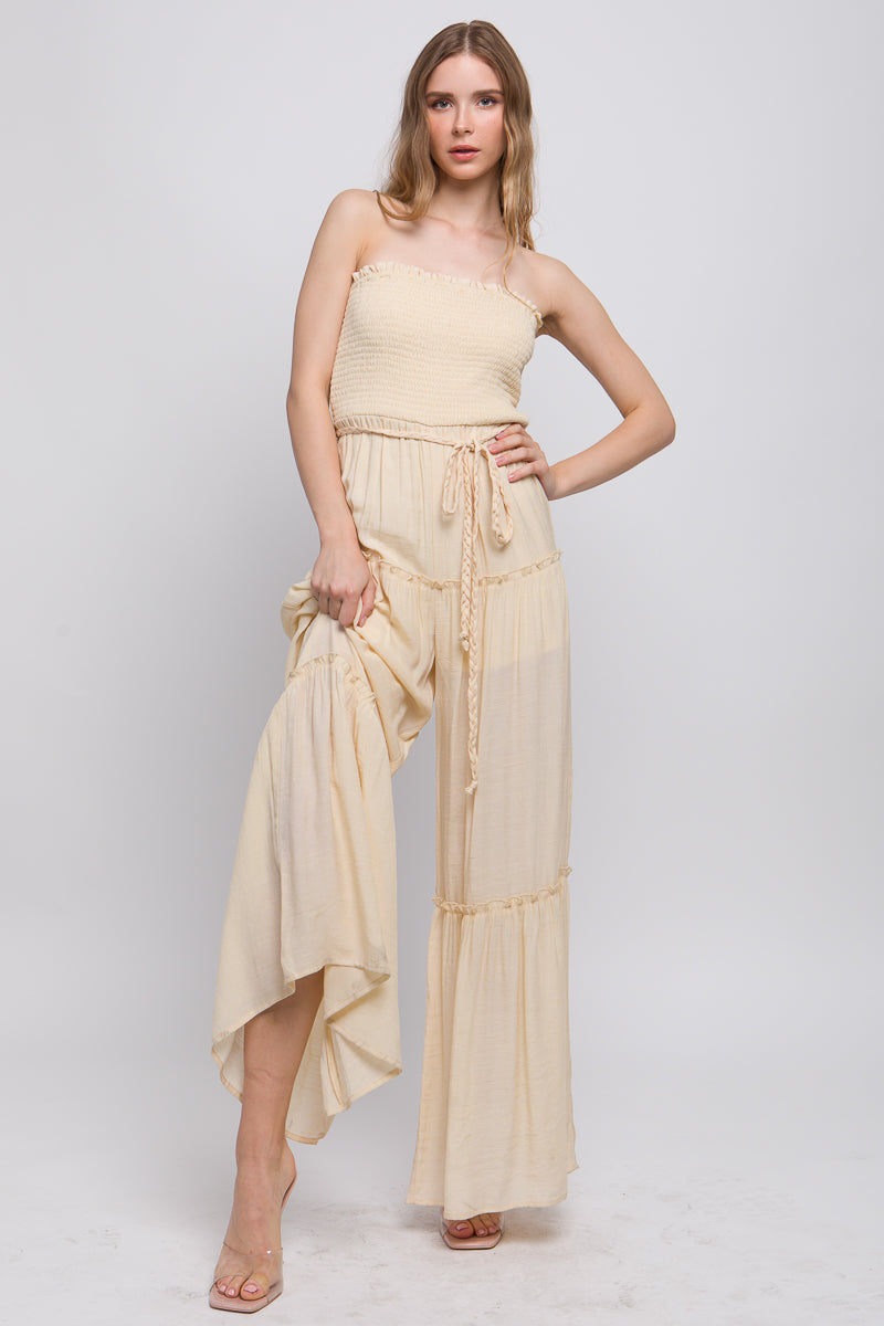 Women's Strapless Woven Solid Sleeveless Top Smocked Ruffle Jumpsuit - Natural