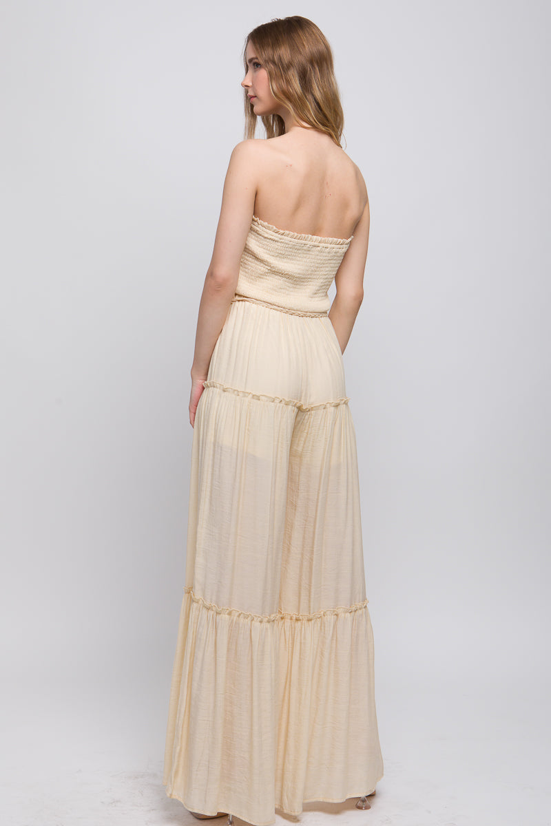 Women's Strapless Woven Solid Sleeveless Top Smocked Ruffle Jumpsuit - Natural