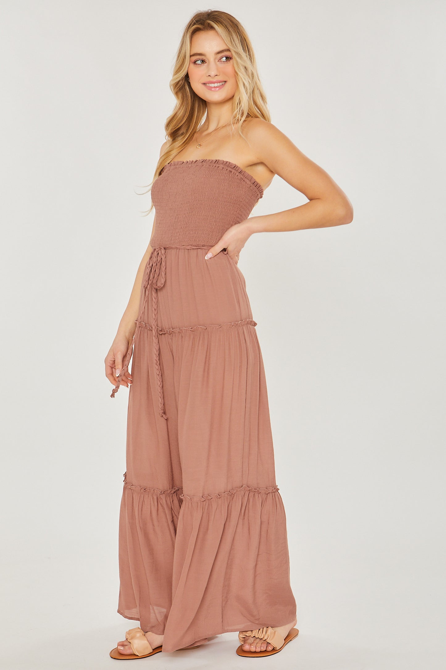 Women's Strapless Woven Solid Sleeveless Top Smocked Ruffle Jumpsuit - Clay