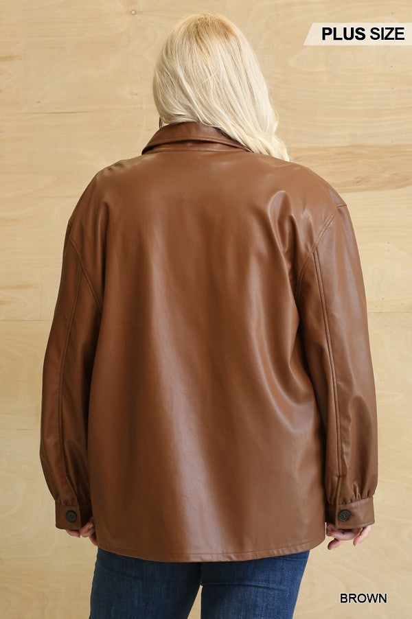 Women Plus Faux Leather Shacket Moto Biker Shirt Loose Fit Blazer Button Jacket