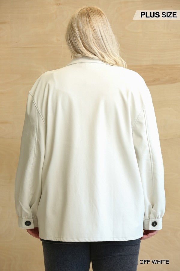 Women Plus Faux Leather Shacket Moto Biker Shirt Loose Fit Blazer Button Jacket