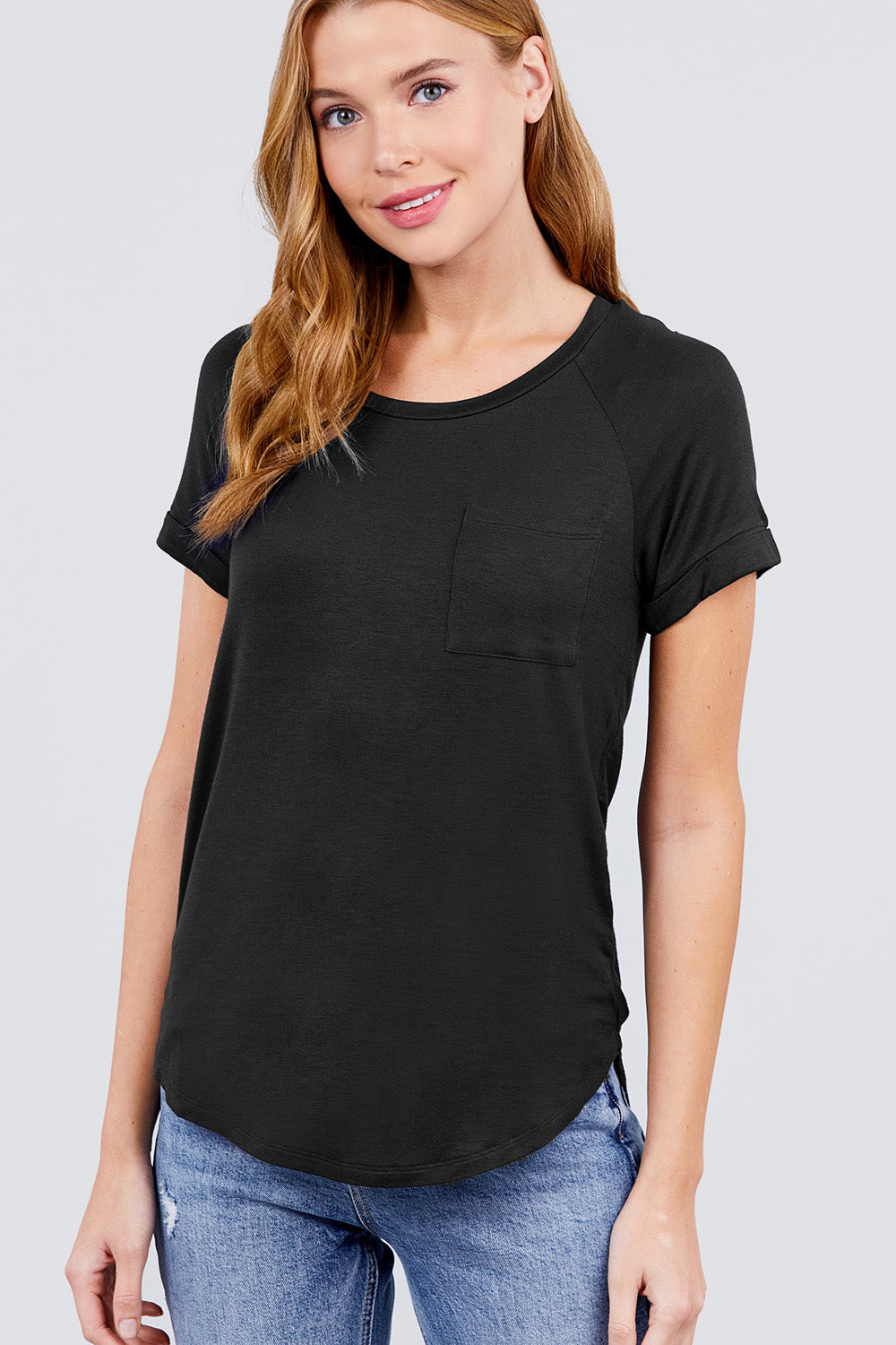Women's Short Raglan Sleeve Round Neck Rayon Dolphin Hem T-Shirt Top - Black