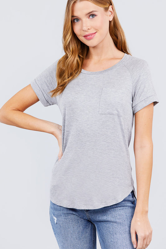 Women's Short Raglan Sleeve Round Neck Rayon Dolphin Hem T-Shirt Top - Grey