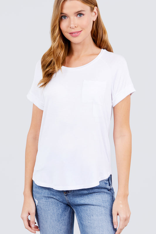 Women's Short Raglan Sleeve Round Neck Rayon Dolphin Hem T-Shirt Top - Off White