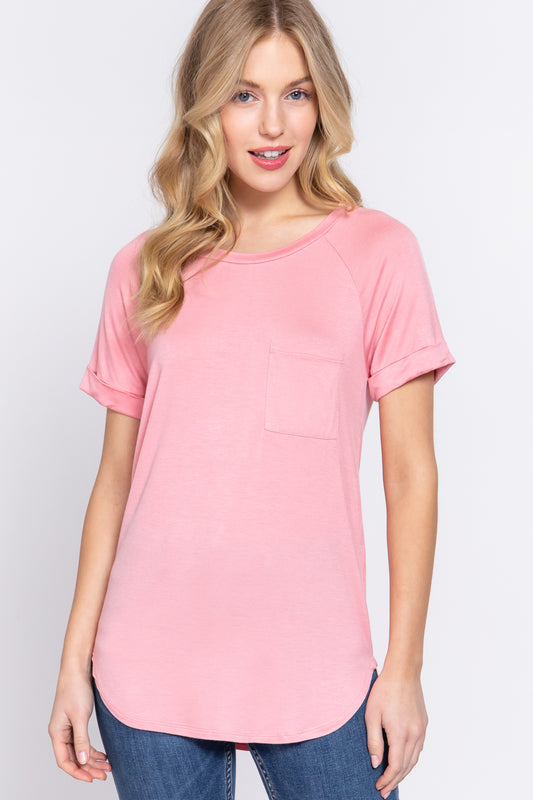 Women's Short Raglan Sleeve Round Neck Rayon Dolphin Hem T-Shirt Top - Pink