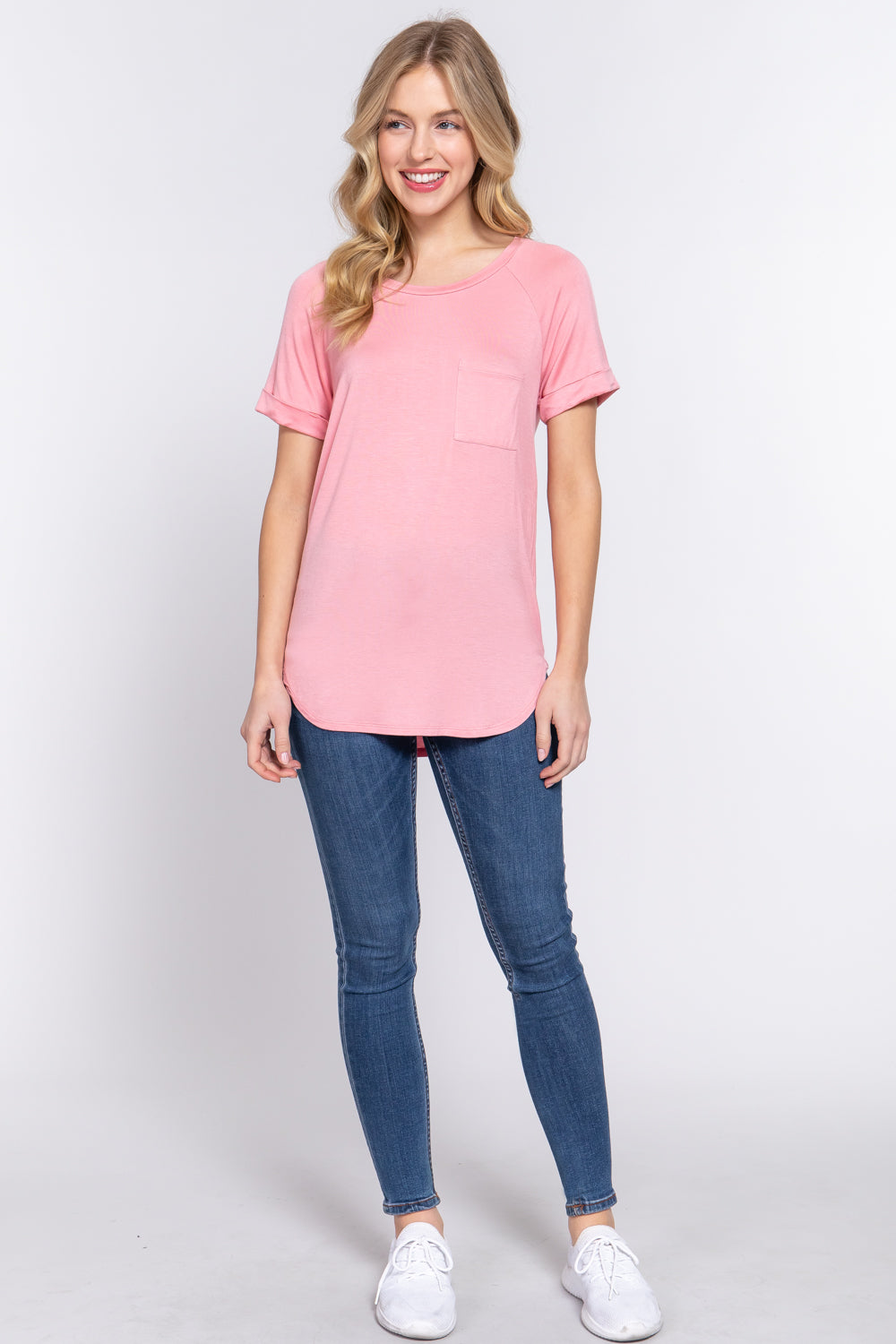 Women's Short Raglan Sleeve Round Neck Rayon Dolphin Hem T-Shirt Top - Pink