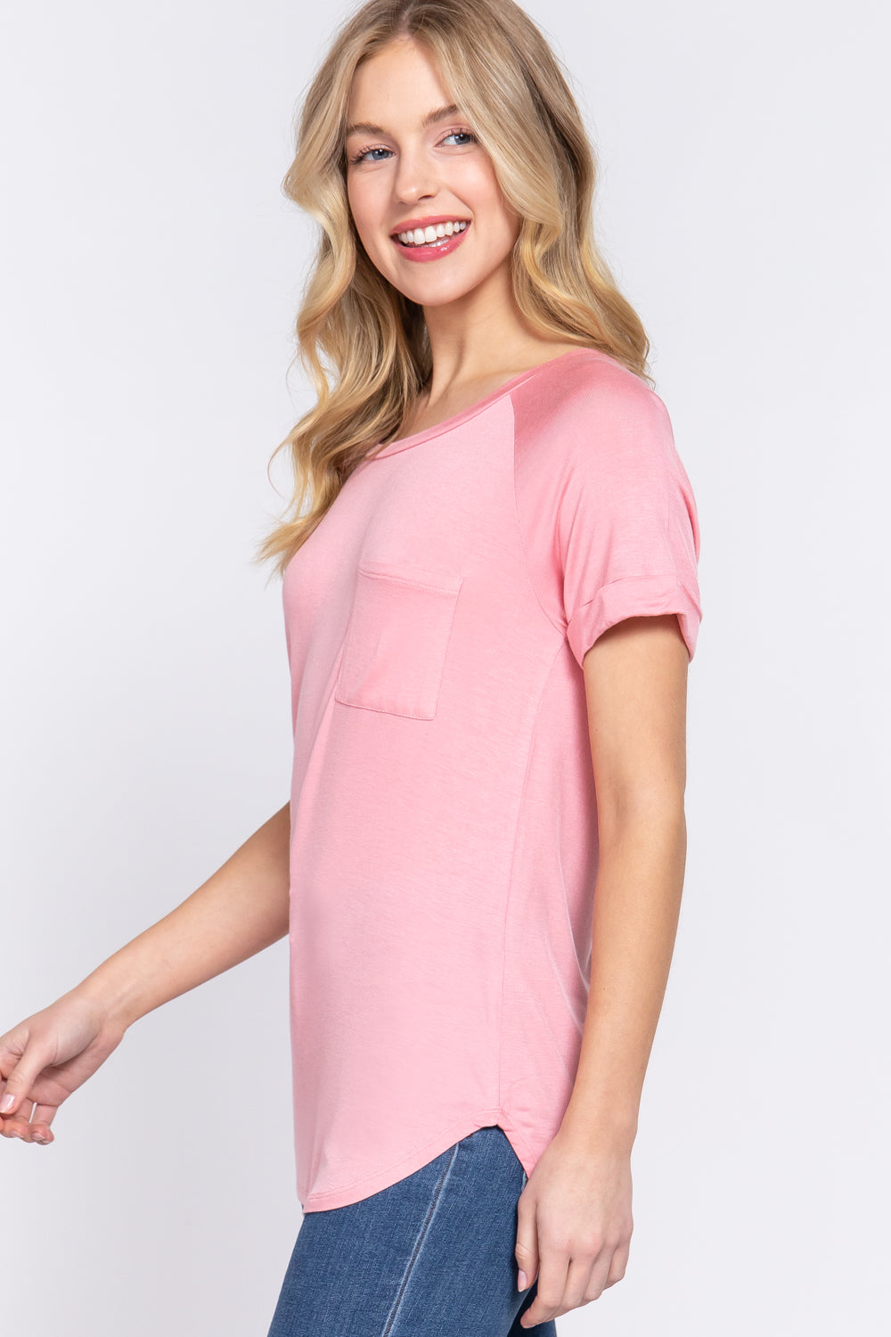 Women's Short Raglan Sleeve Round Neck Rayon Dolphin Hem T-Shirt Top - Pink
