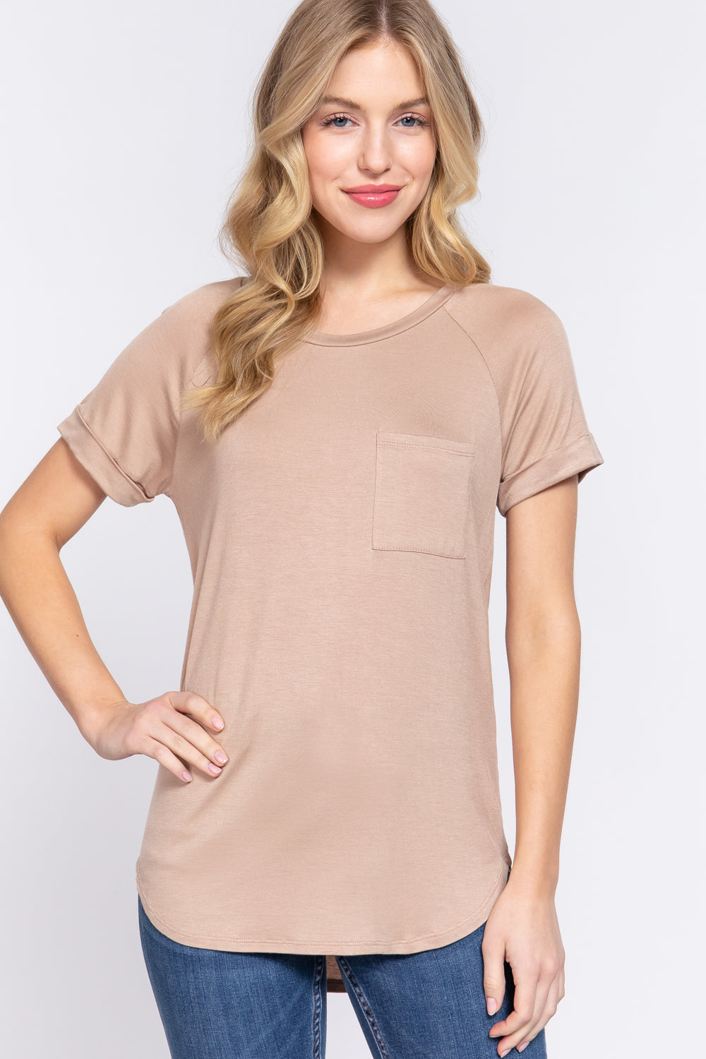 Women's Short Raglan Sleeve Round Neck Rayon Dolphin Hem T-Shirt Top - Khaki