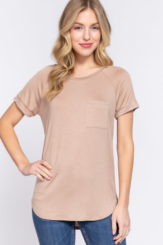 Women's Short Raglan Sleeve Round Neck Rayon Dolphin Hem T-Shirt Top - Khaki