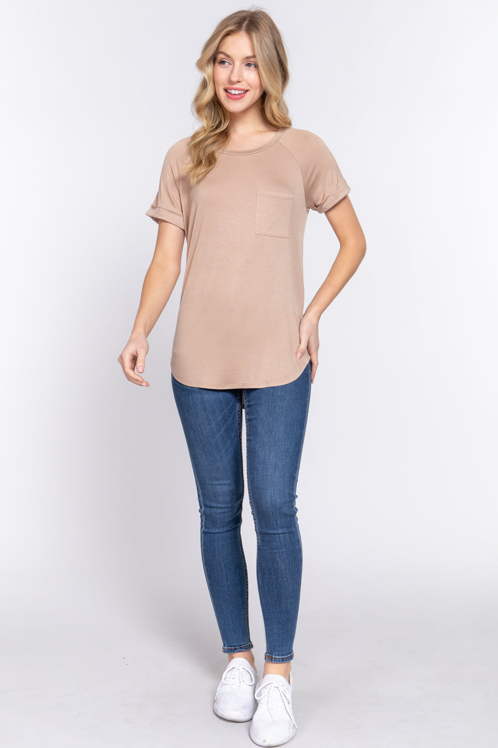 Women's Short Raglan Sleeve Round Neck Rayon Dolphin Hem T-Shirt Top - Khaki