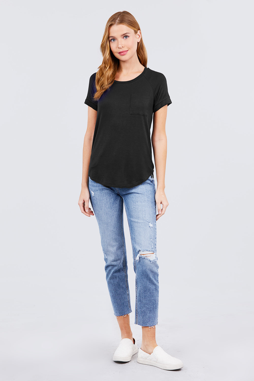 Women's Short Raglan Sleeve Round Neck Rayon Dolphin Hem T-Shirt Top - Black