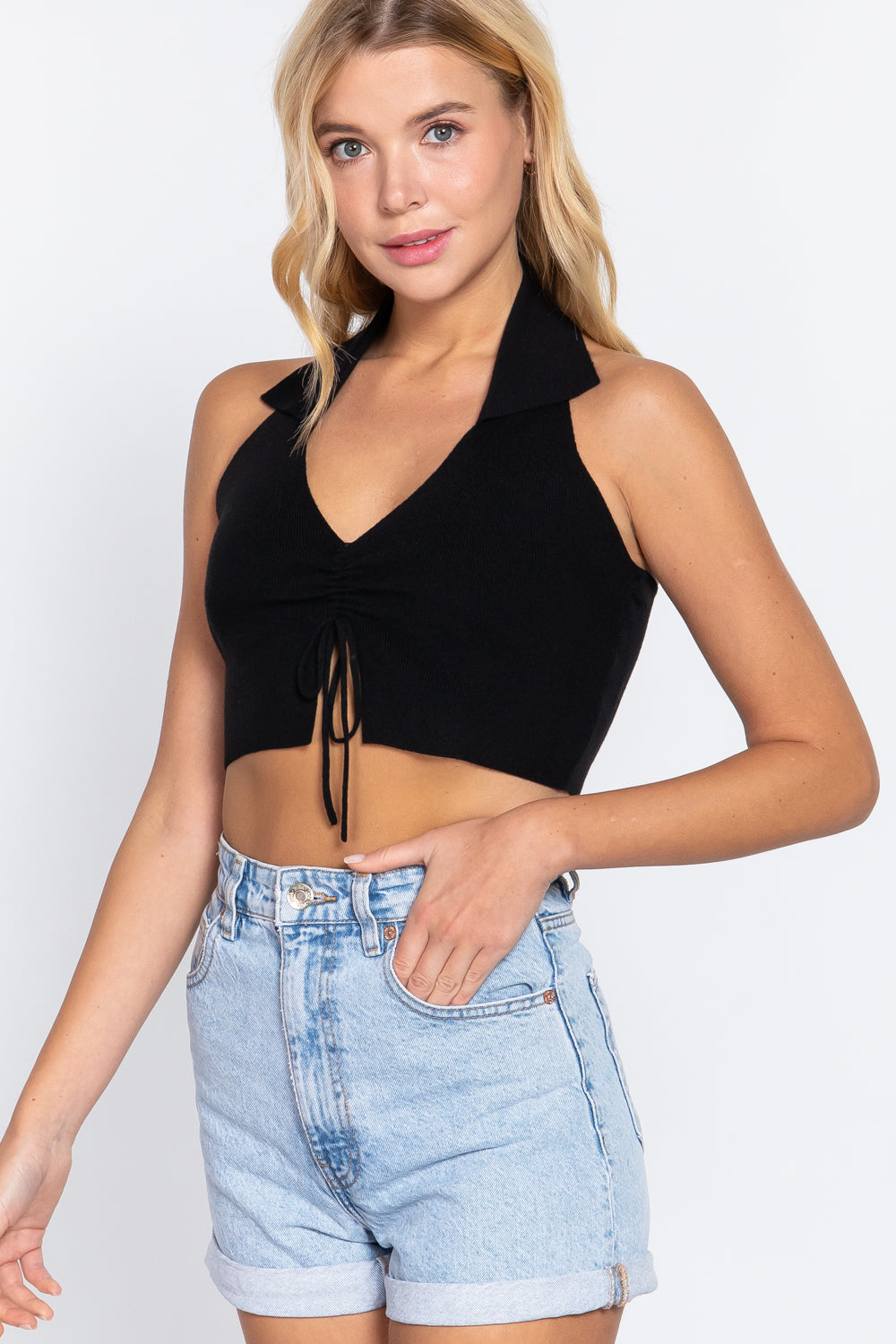 Women's Halter Ruched Crop Top Sweater Knit V Sleeveless Stretch Soft Casual