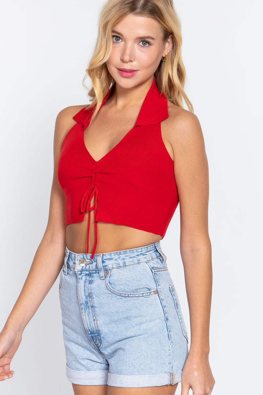 Women's Halter Ruched Crop Top Sweater Knit V Sleeveless Stretch Soft Casual