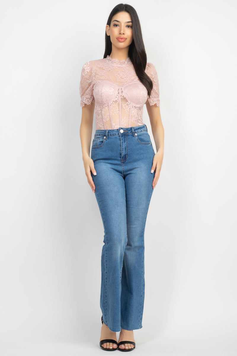 Women Mock Neck T-Shirt Bodysuit Floral Lace Corset Mesh Padded Bra Cups Ruffled