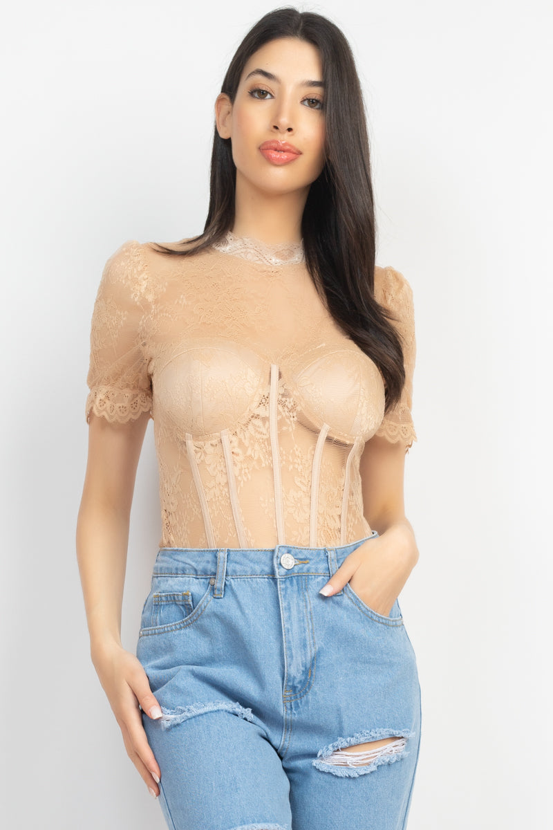 Women Mock Neck T-Shirt Bodysuit Floral Lace Corset Mesh Padded Bra Cups Ruffled