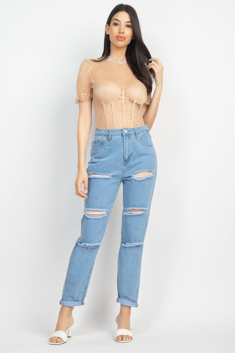 Women Mock Neck T-Shirt Bodysuit Floral Lace Corset Mesh Padded Bra Cups Ruffled