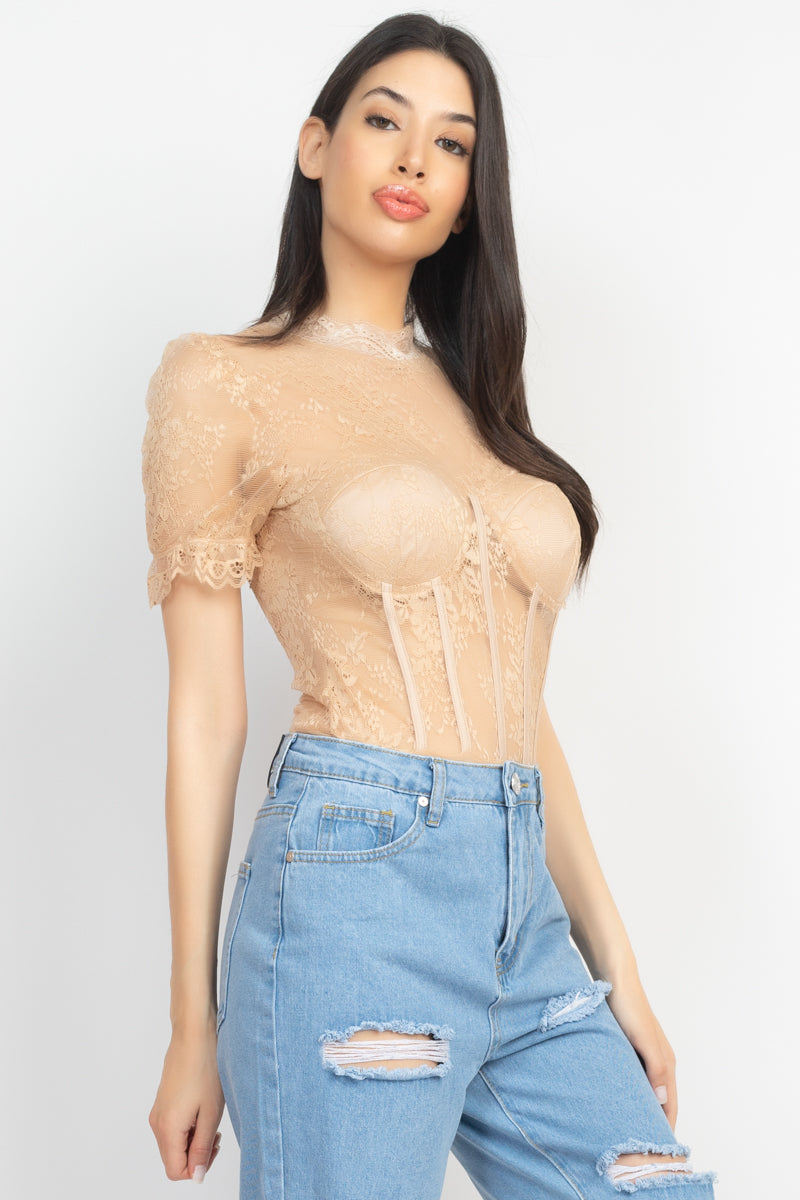 Women Mock Neck T-Shirt Bodysuit Floral Lace Corset Mesh Padded Bra Cups Ruffled