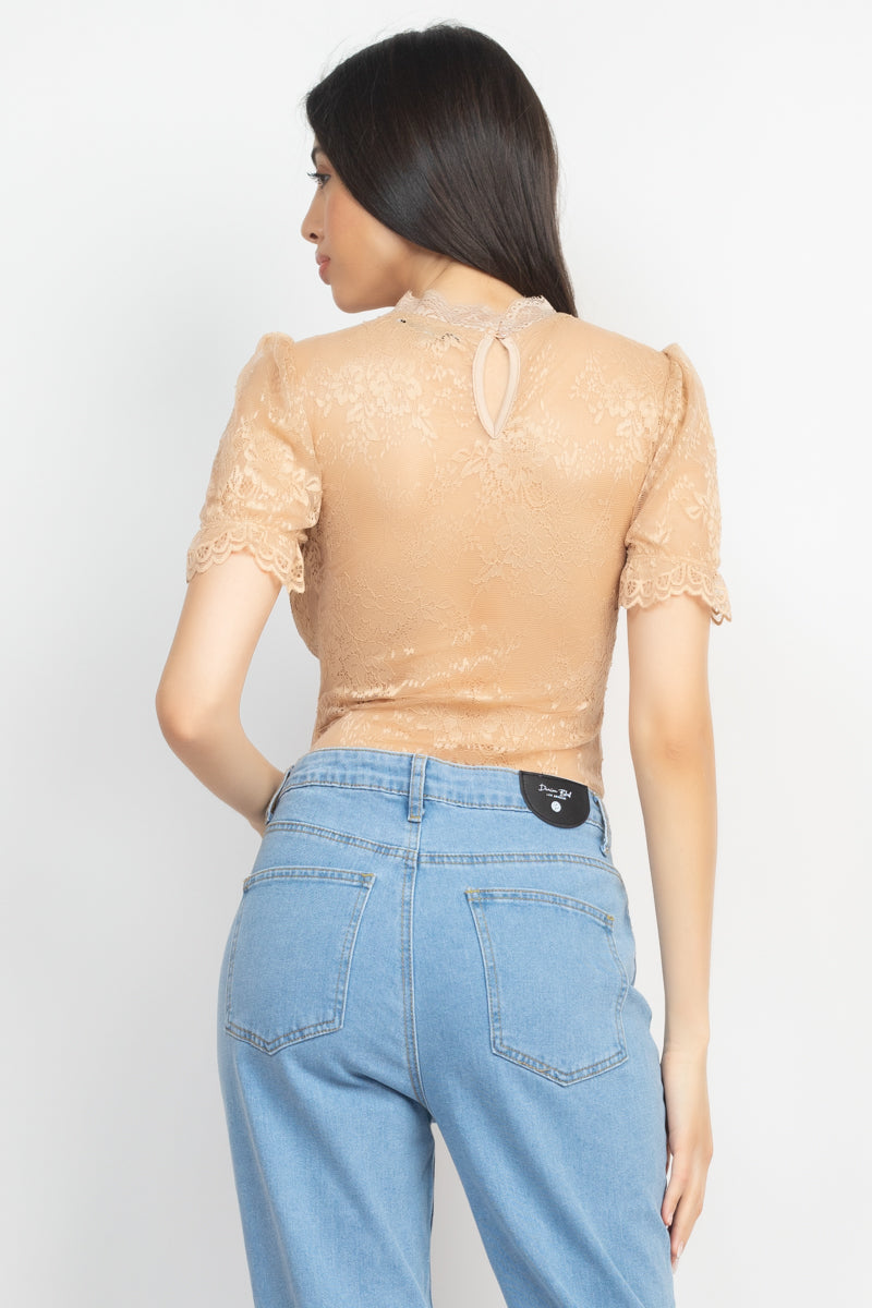 Women Mock Neck T-Shirt Bodysuit Floral Lace Corset Mesh Padded Bra Cups Ruffled