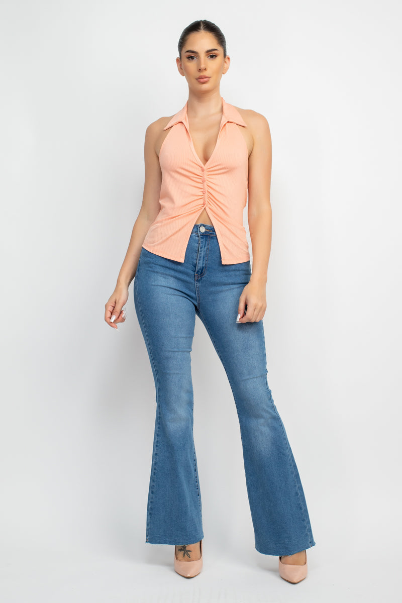 Women Collared Halter Neck Ruched Sleeveless Button-down Open Back Top - Orange