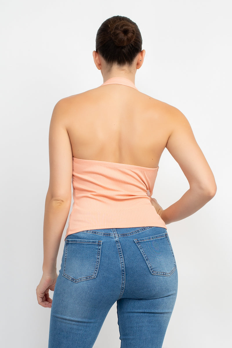 Women Collared Halter Neck Ruched Sleeveless Button-down Open Back Top - Orange
