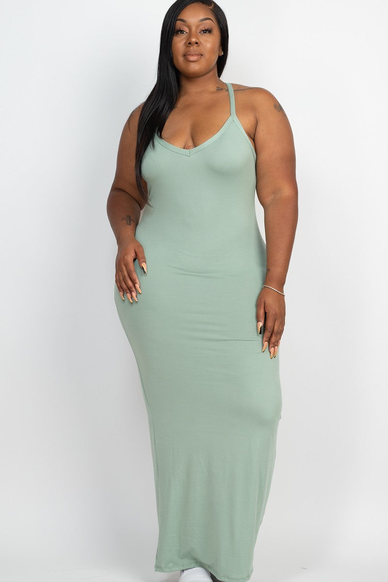 Women Plus V-neck Racer Back Sleeveless Soft Stretchy Maxi Long Dress Green Bay