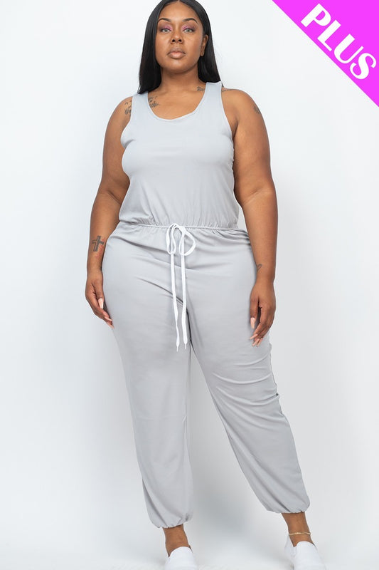 Women Plus Jogger Jumpsuit Elasticized Waist Stretch Sleeveless Tank (1X,2X,3X)