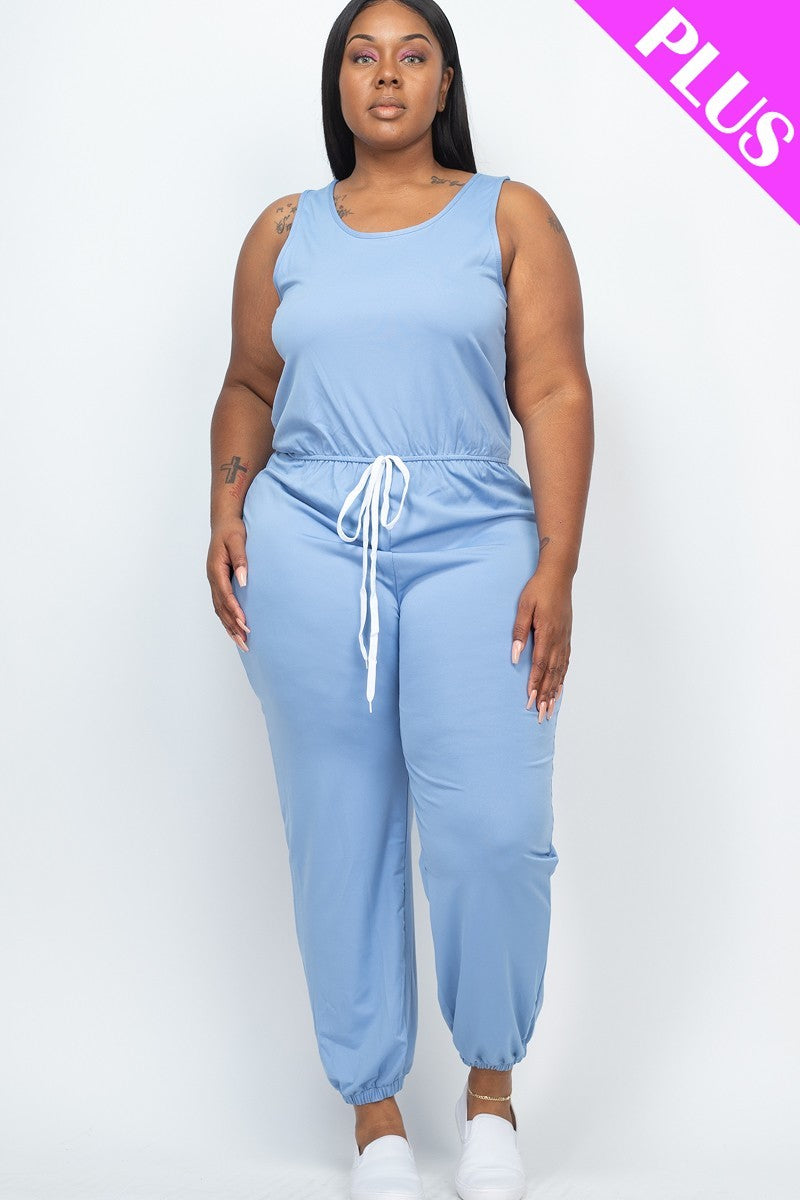 Women Plus Jogger Jumpsuit Elasticized Waist Stretch Sleeveless Tank (1X,2X,3X)