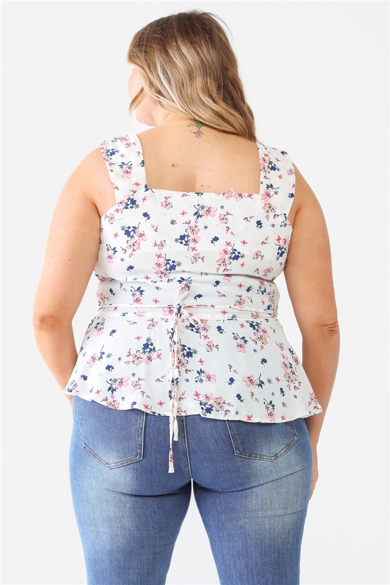 Women Plus V-neck Top Floral Button-up Sleeveless Flare Hem Soft Tank (1X,2X,3X)